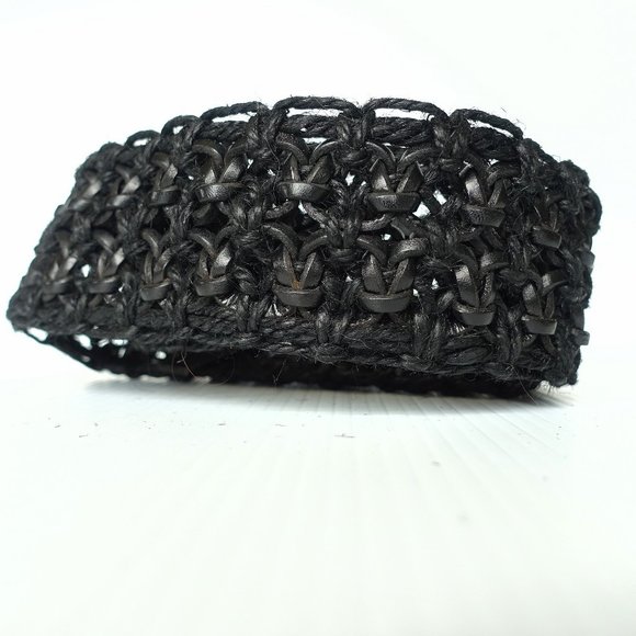Black Hemp Leather Macrame O-Ring Wide Belt M main image 4